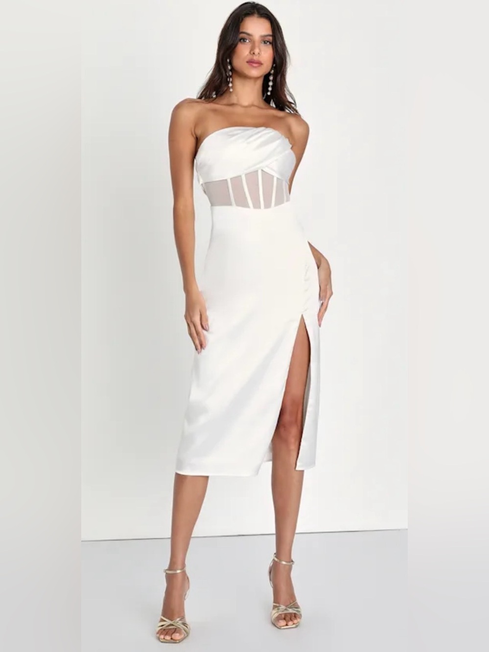 Lulus NWT High-Class Hottie White Satin Strapless Bustier Midi Sz L #2082736